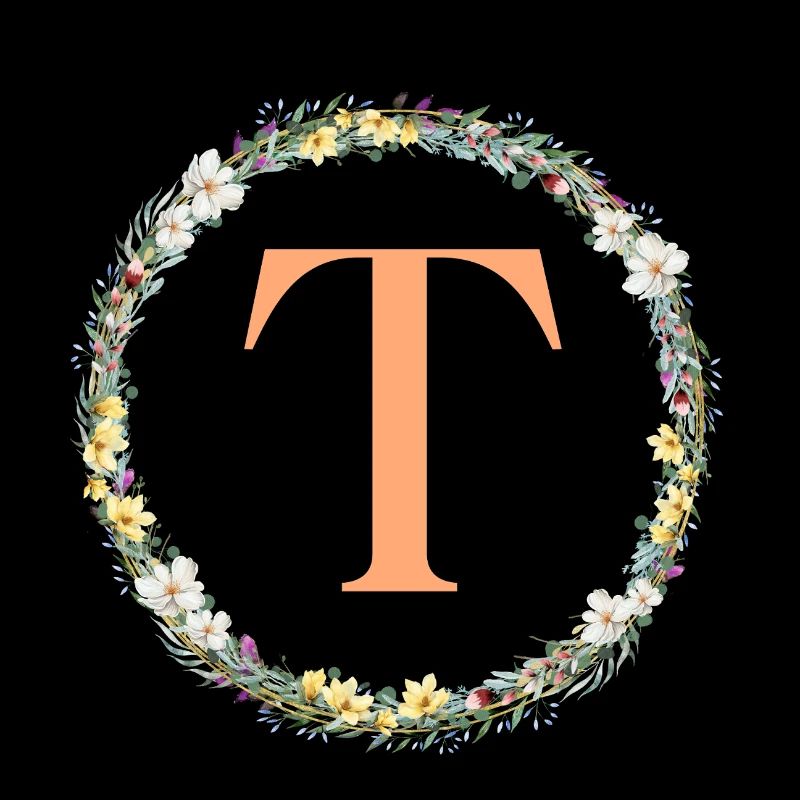 T Monogramm, Blumen-Kranz, personalisierbar