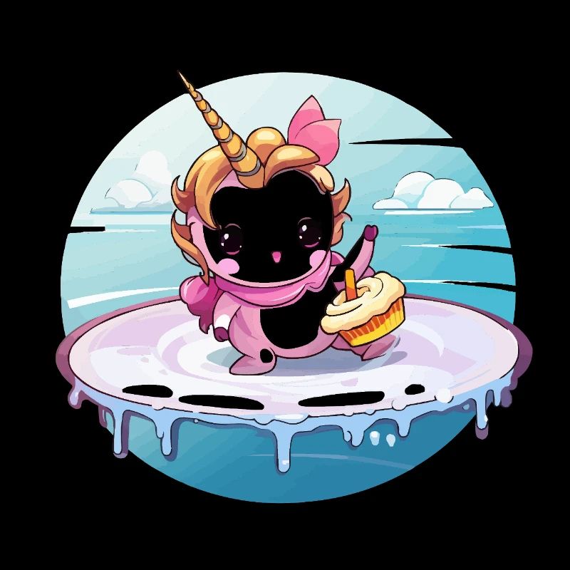 Licorne sur une planche de surf avec cupcake