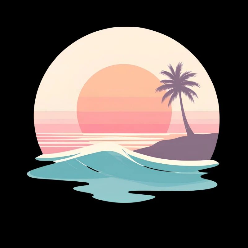 Retro Sunset Beach & Palm Tree
