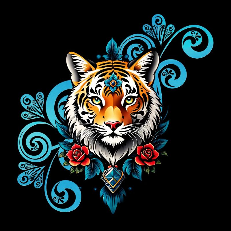 Tiger mit Blumenschmuck.