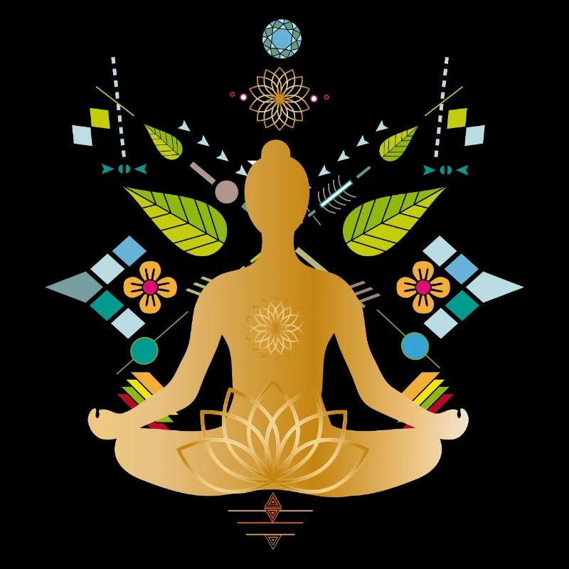 Silhouette de yoga dorée avec des éléments colorés
