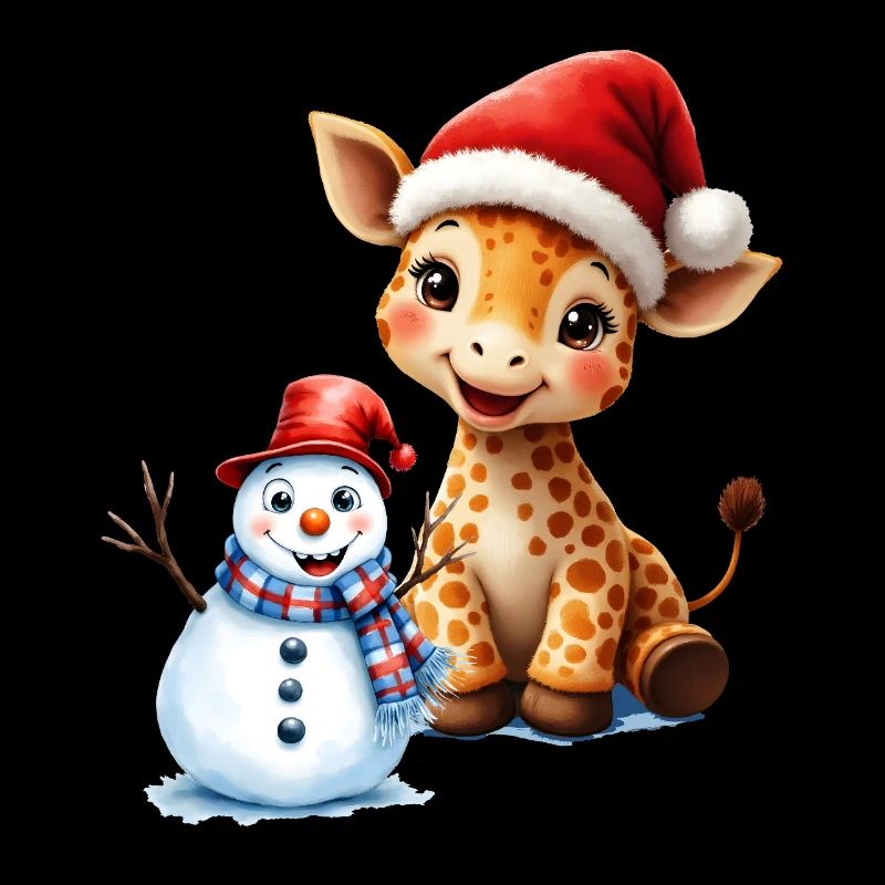 Christmas Giraffe with Hat and Snowman