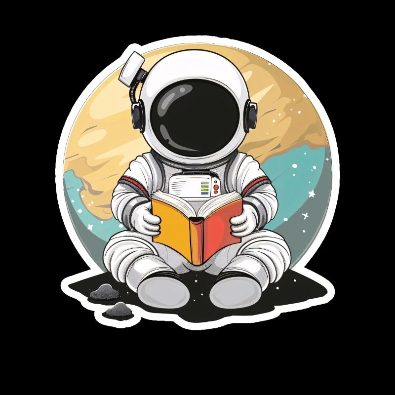 Astronaut im Weltall vor einem Planeten liest Buch