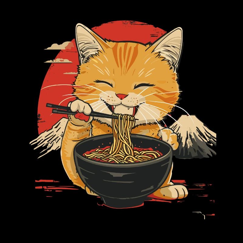 Chat mignon avec des ramen devant fond japonais