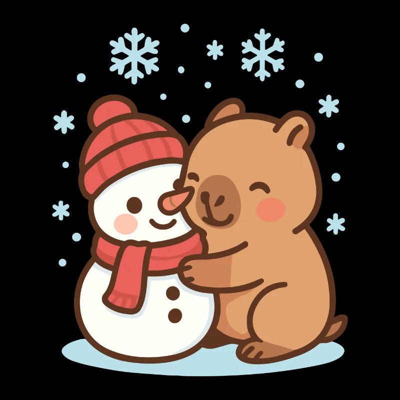 Capybara hugging snowman in winter