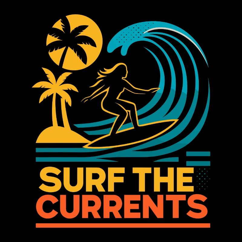Surf The Currents Waves Palm Trees Beach Motif
