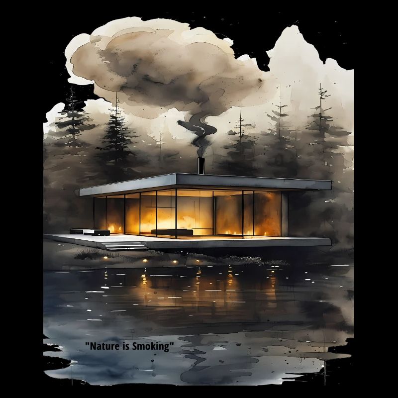 Cabane moderne éclairée par le feu sur le lac