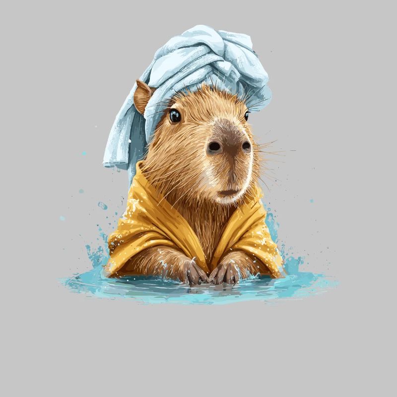 Kapybara in a bath towel and bathrobe