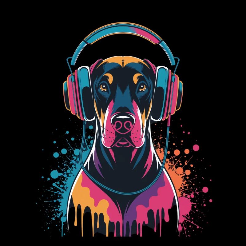 Dobermann mit Kopfhörern