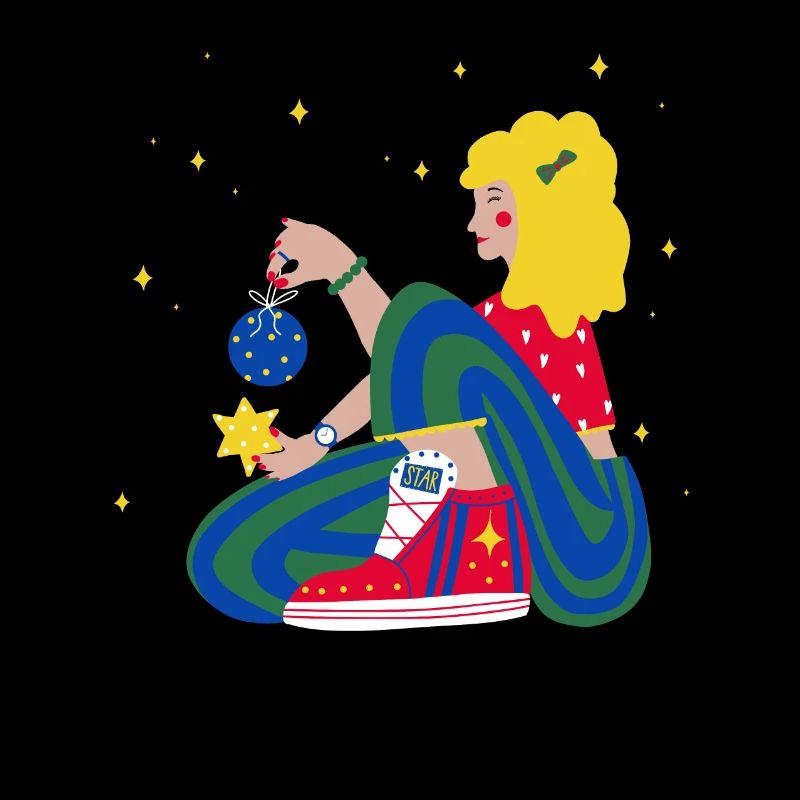 Fille de Noël avec des étoiles rouge-bleu-vert
