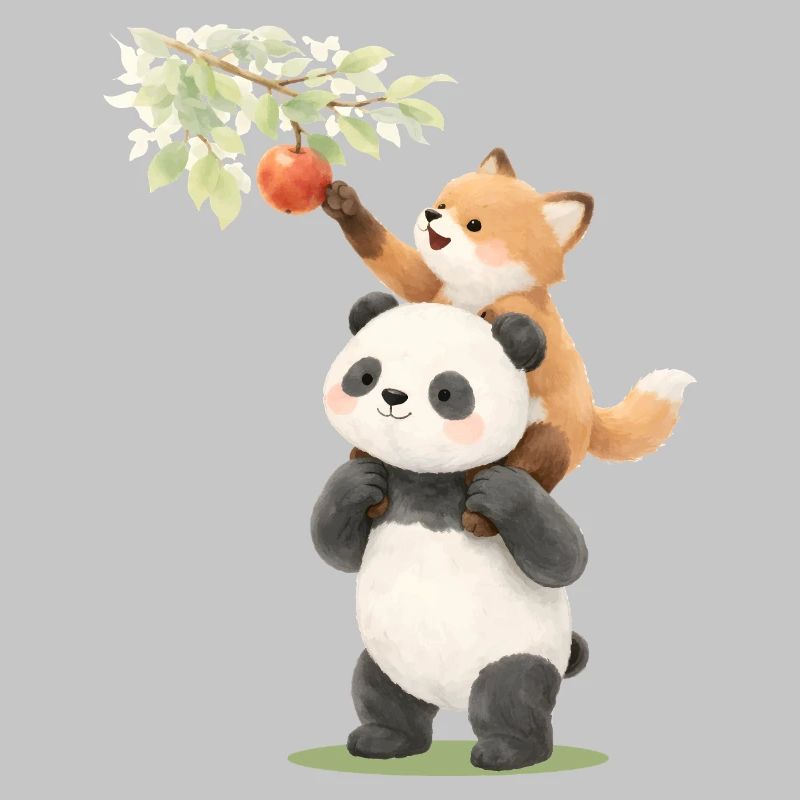 Panda and fox with apple illustration