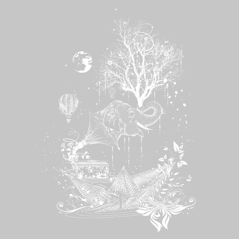 Elephant, paper ship and tree-surreal design