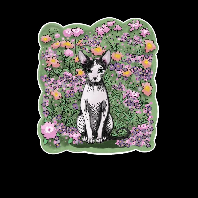 Illustration d’un chat sphynx parmi les fleurs
