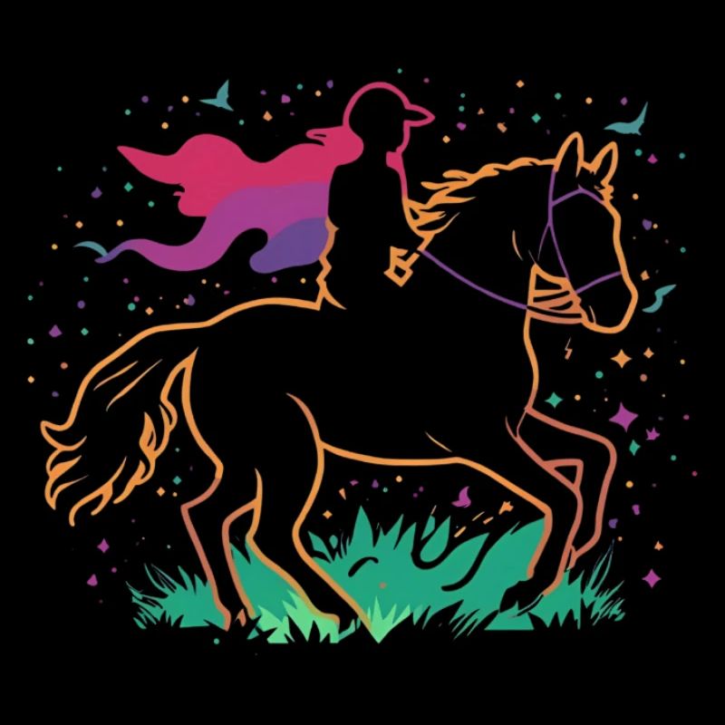 Cavalier de licorne lumineuse sur une prairie colorée