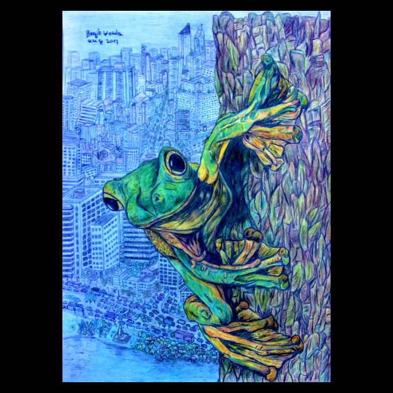 Frog on tree with city view