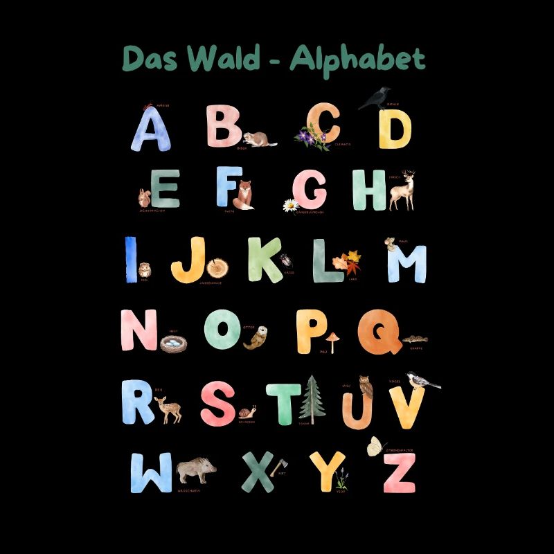 Forest alphabet German with animals and letters