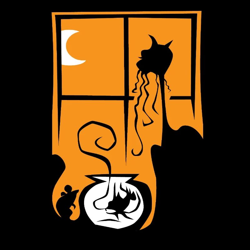 Halloween Cat Mouse Fish Orange Window Moon