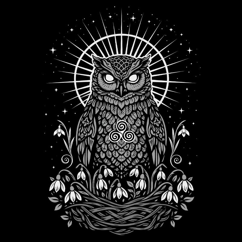 Imbolc Eule mit Triskele und Schneeglöckchen