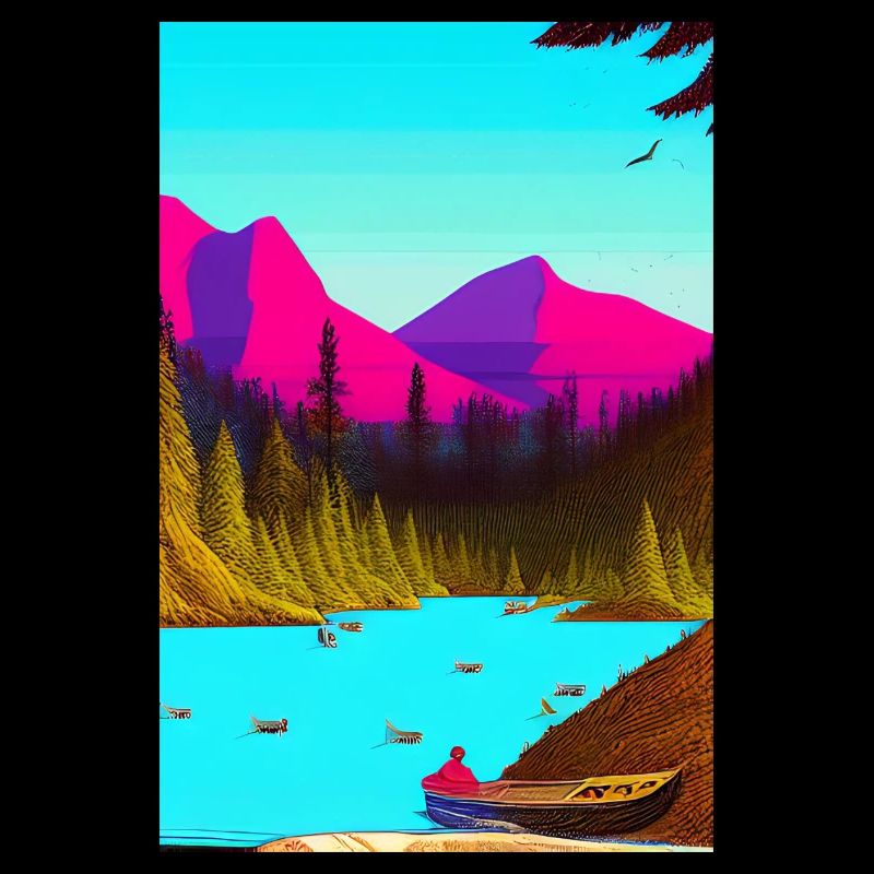 Landschaft mit See, Boot und Berge