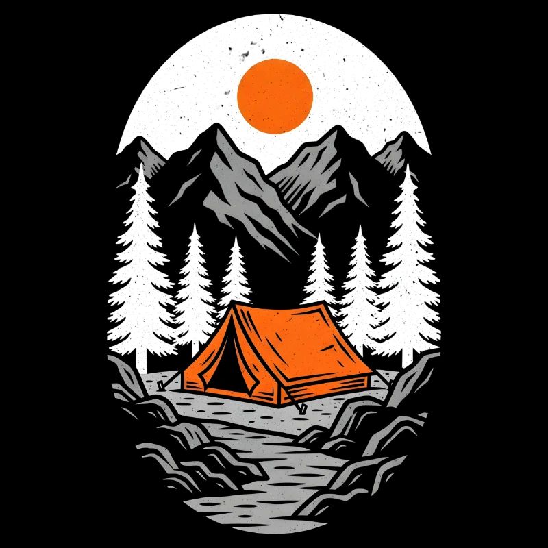 Oranges Zelt in Berglandschaft