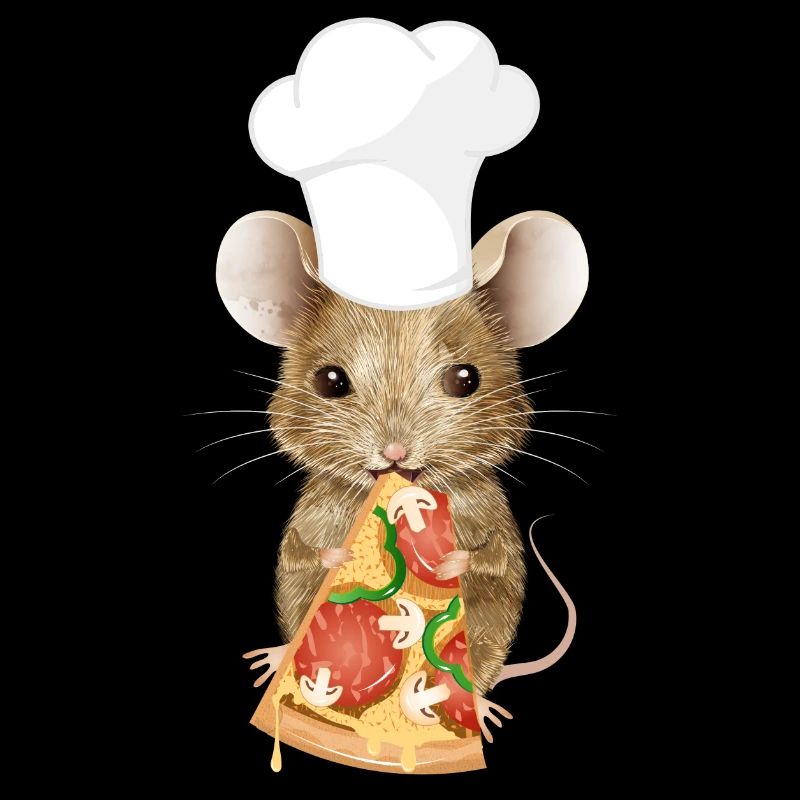 Mouse as a pizza maker with a slice of pizza
