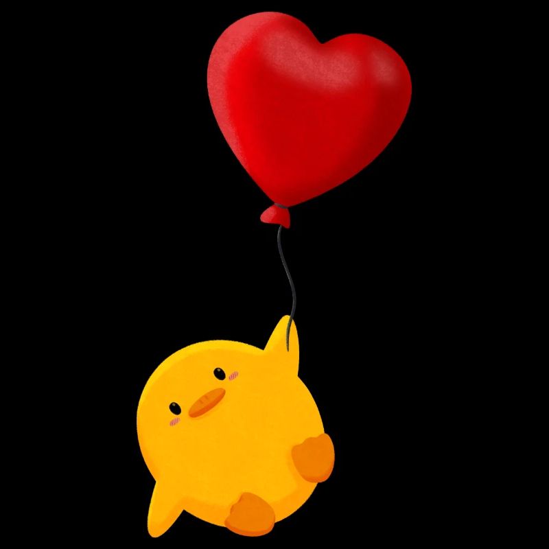 Cute chick floats on heart balloon