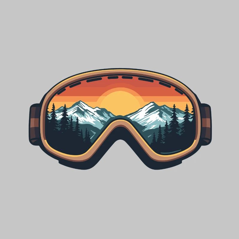 Ski goggles with mountain panorama & sunset