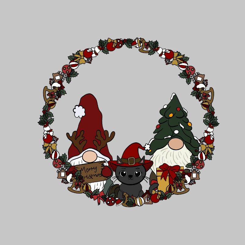 Wichtel mit Katze  im Weihnachtskranz