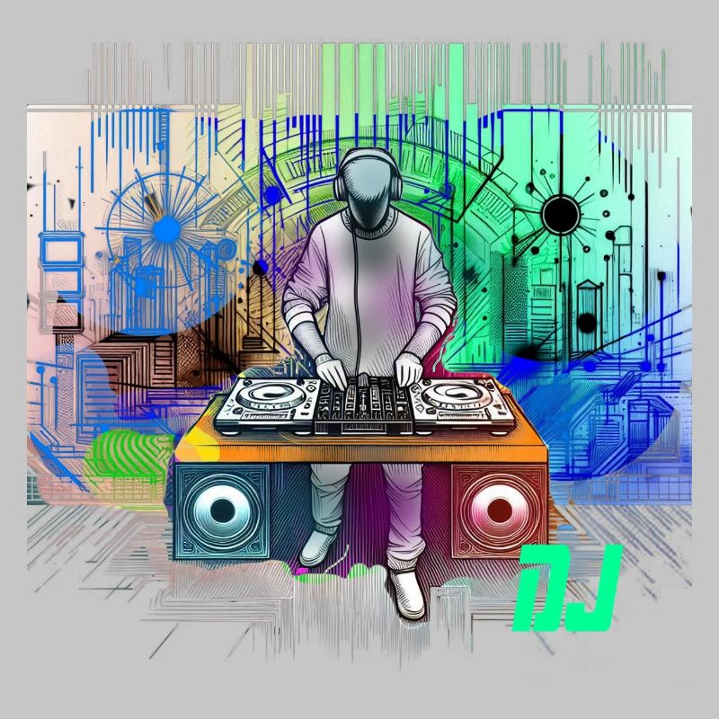 Dynamischer DJ mit bunten Techno-Designs