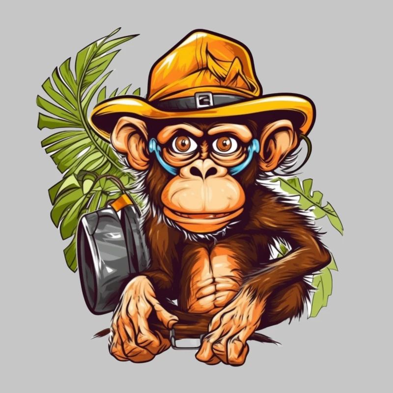 Adventure monkey with safari hat and backpack
