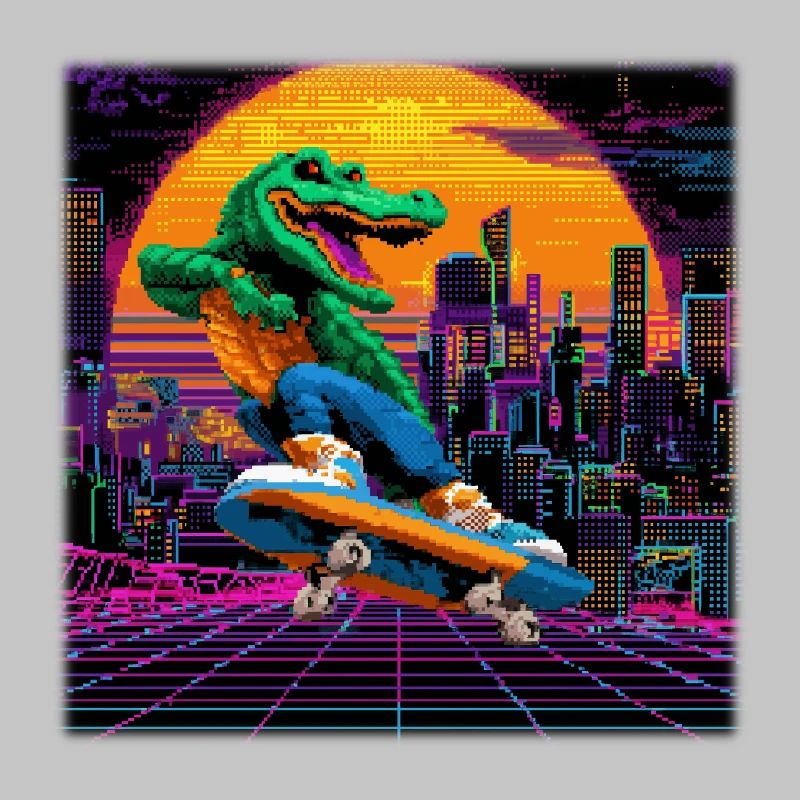 Skating Pixel Crocodile in Retro 80s Synthwave