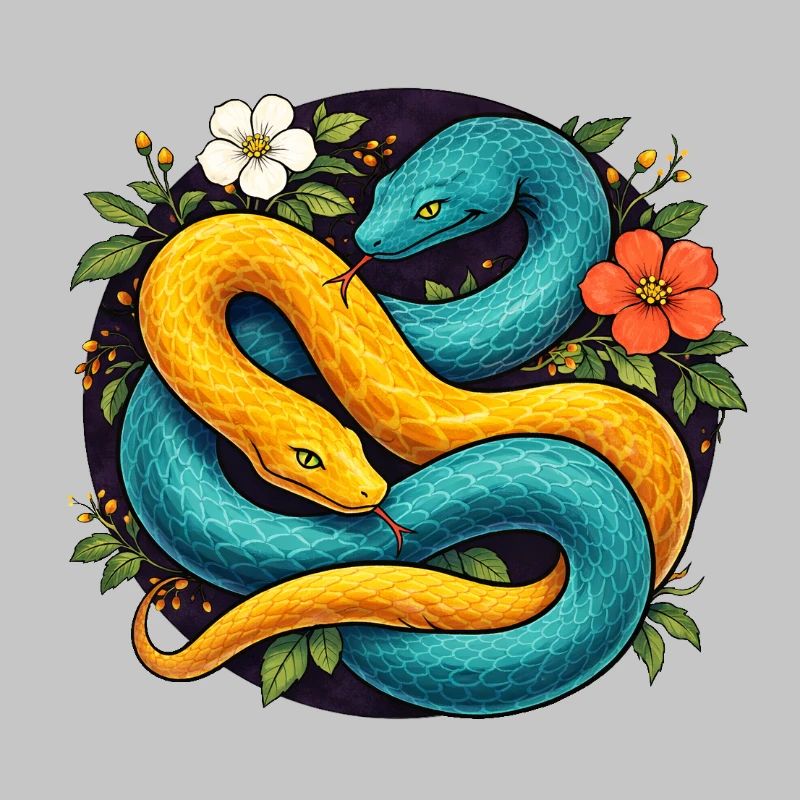 Deux serpents python dans l’anneau fleuri