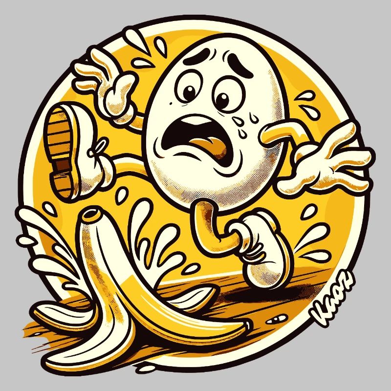Comic egg slips on banana peel