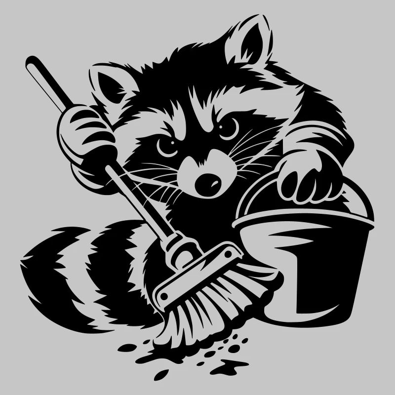 Waschbär mit Eimer & Mopp