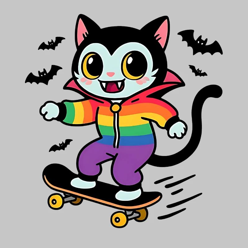 Rainbow Vampire Cat Skateboarding