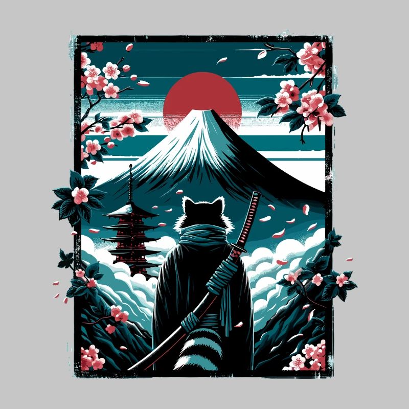 Chat avec une épée de samouraï devant Fuji