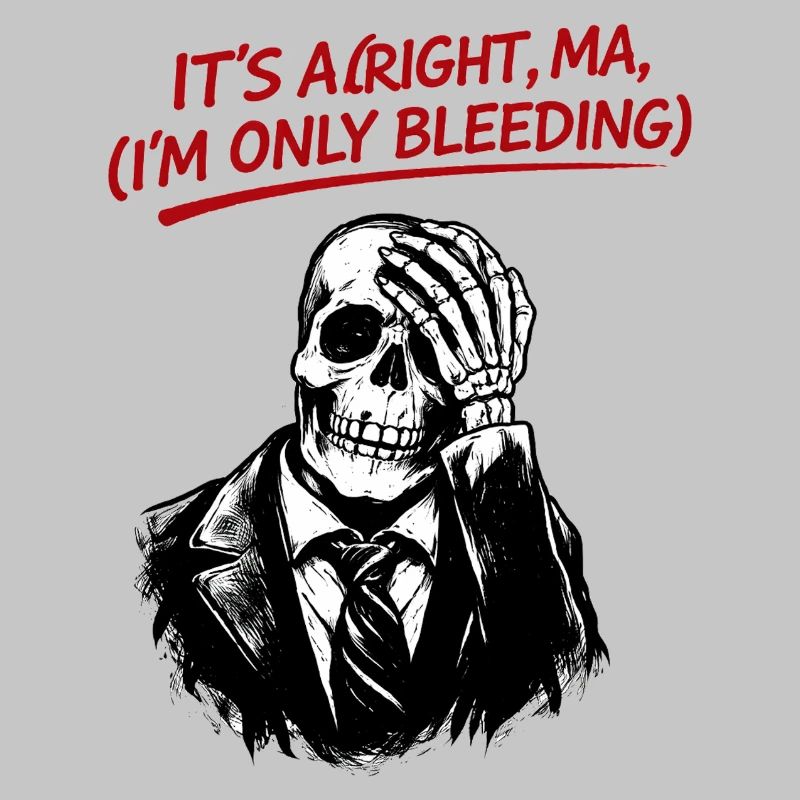 Skeleton in suit with red text