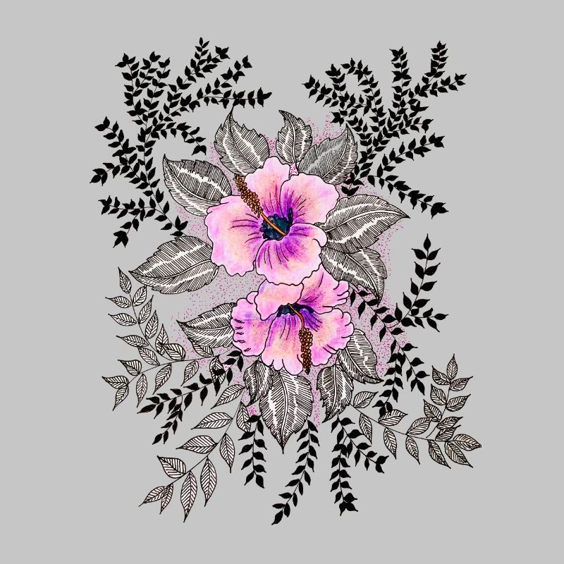 Pink Hibiscus Pattern with Black and White Leaves