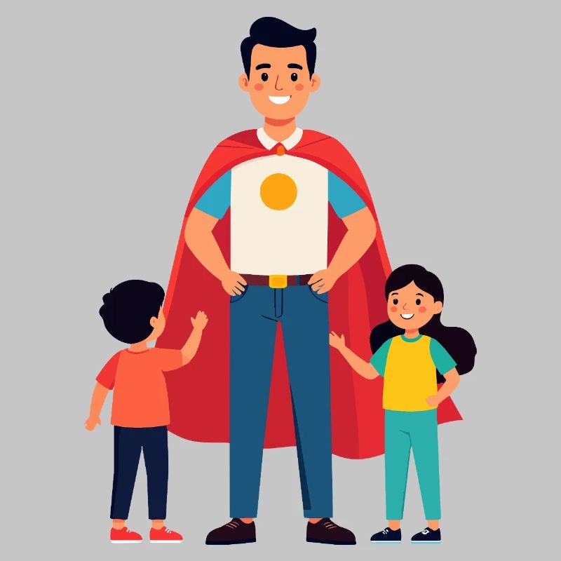 Erzieher Held oder Heldenvater mit Cape und Kinder