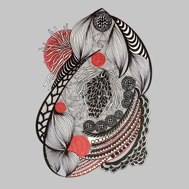 Line flowers pattern with red accent