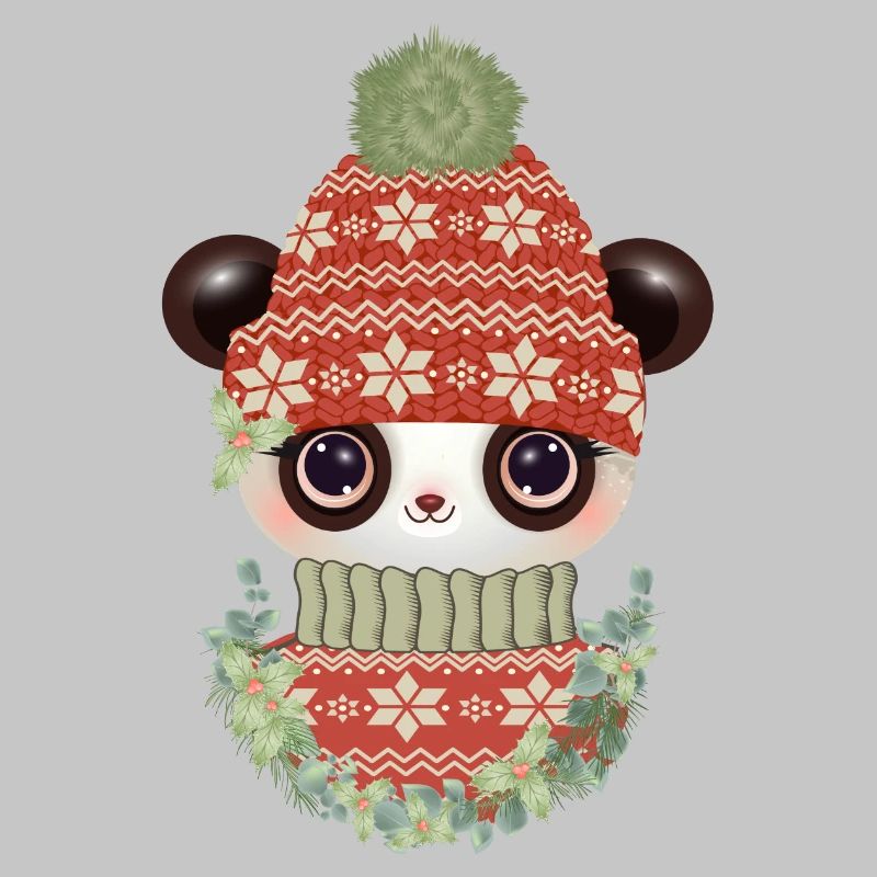 niedlicher Panda mit Pullover,Bommelmütze & Kranz