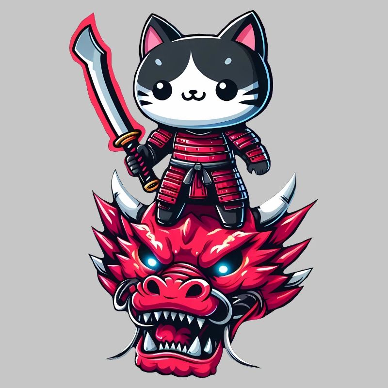 Chat samouraï avec épée sur dragon dans un effet 3D épique