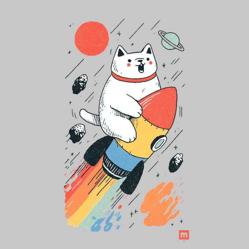 Chat sur fusée dans l’espace coloré