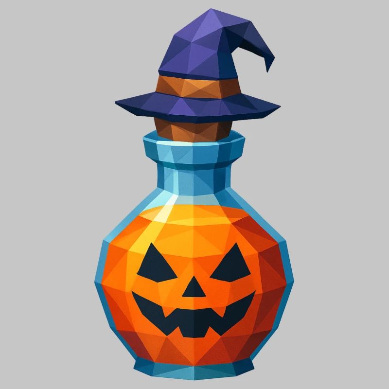 Low-Poly-Kürbis in einem Hexenfläschchen