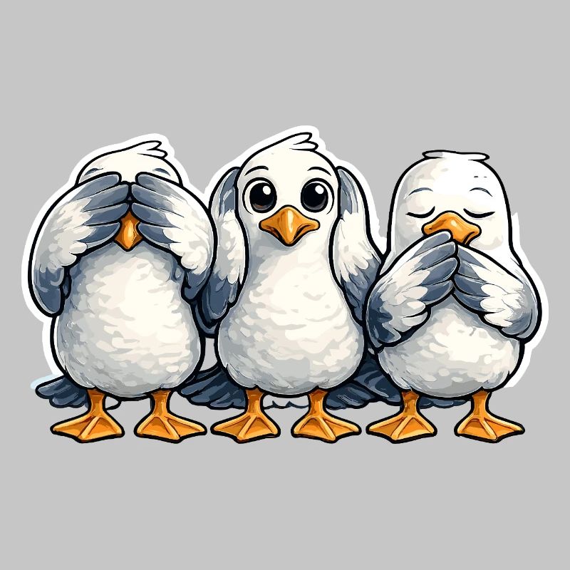 Three seagulls see nothing hear nothing say nothing
