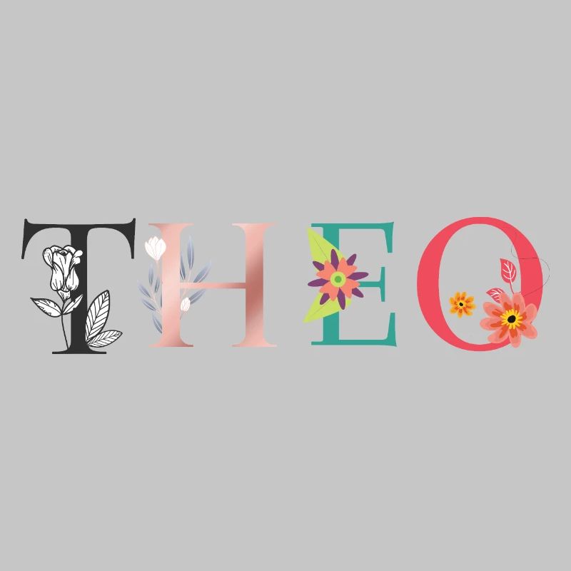 L’art du nom THEO avec des fleurs brodées