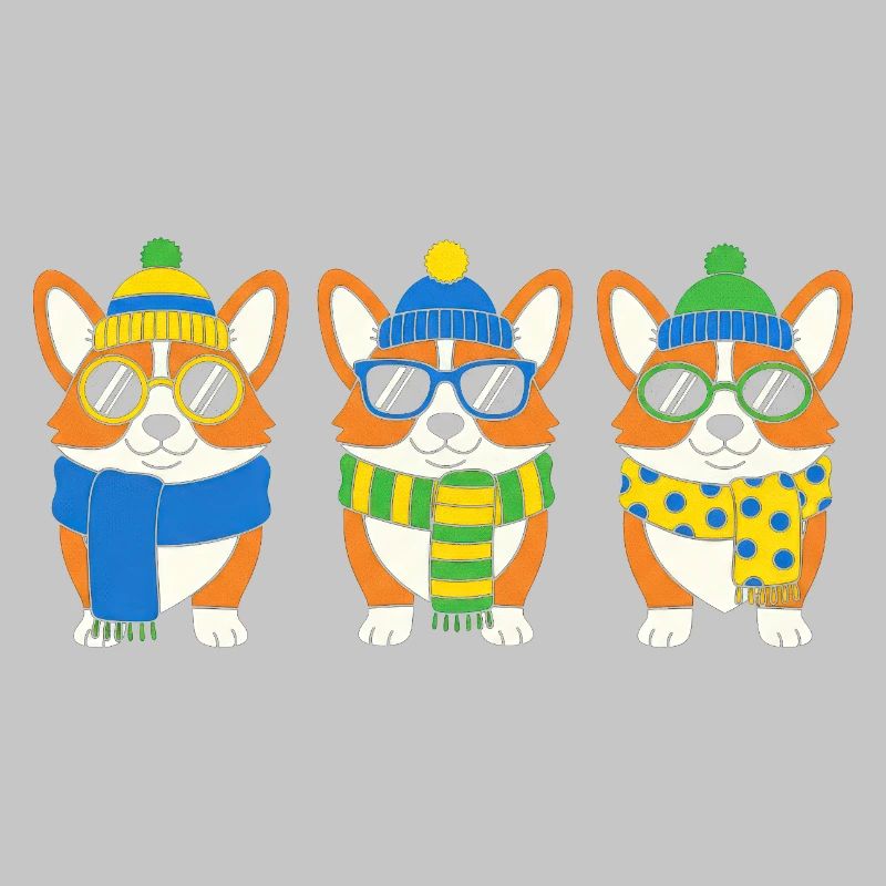 Winter-Corgi-Trio mit Accessoires