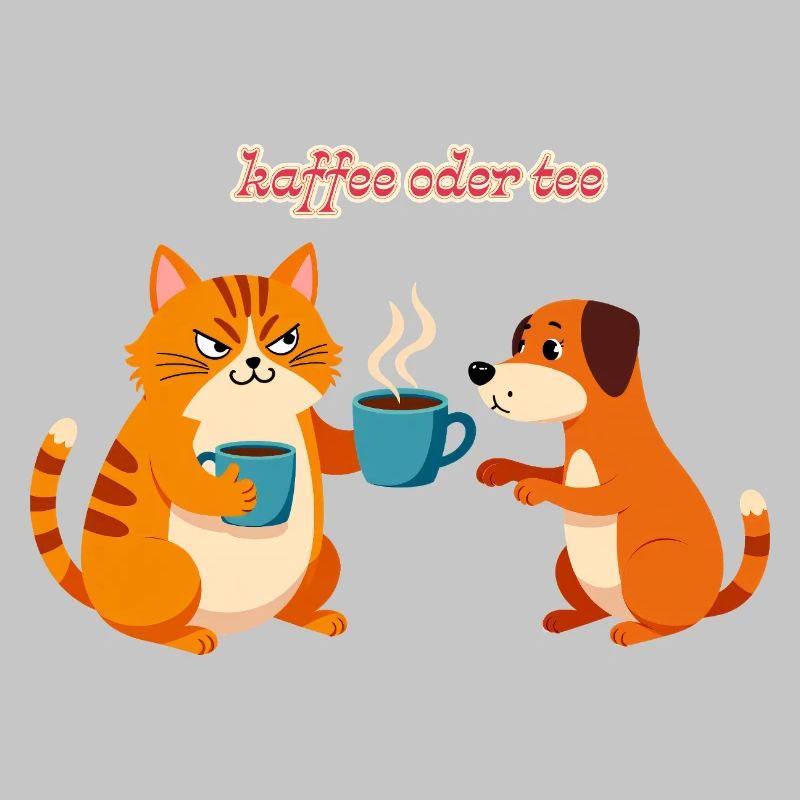 Kaffee oder Tee? Lustige Katze und Hund Bürohumor