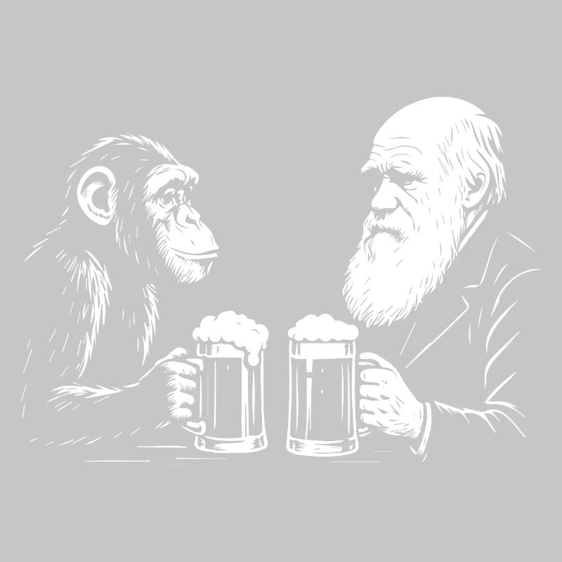 Charles Darwin is drinking beer with monkey