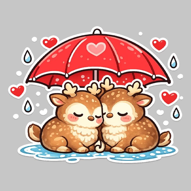 Two deer under umbrella